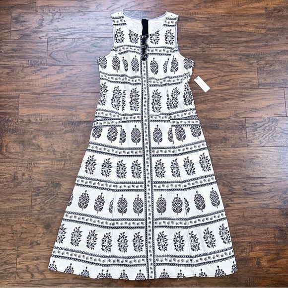 Anthropologie • Woodblock Midi Dress cream brown floral print stretch twill - Picture 2 of 13